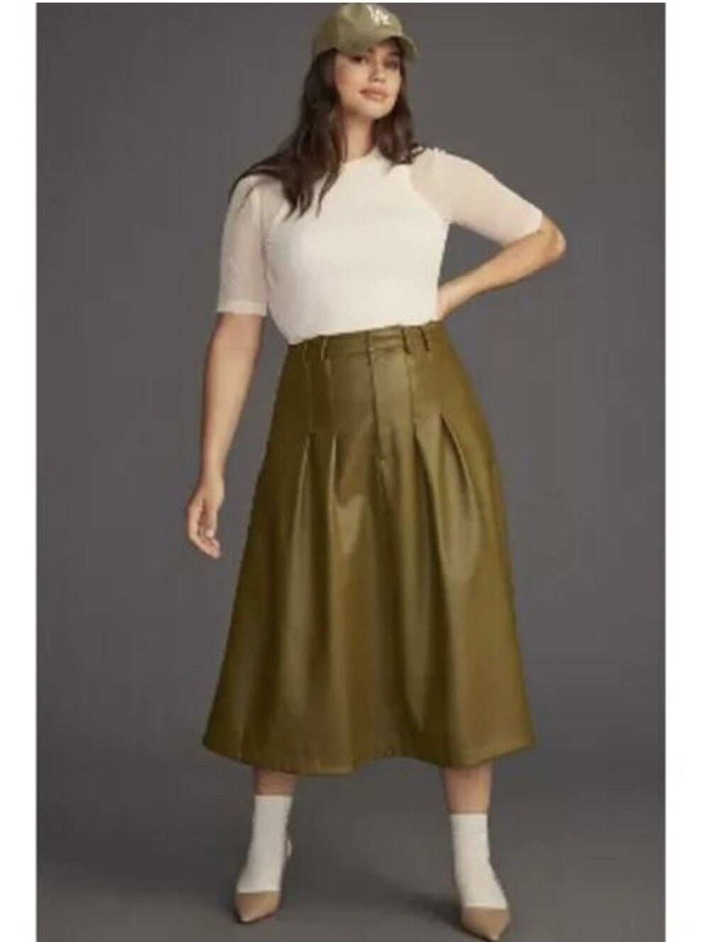Anthropologie Olive Green Pleated Midi Skirt